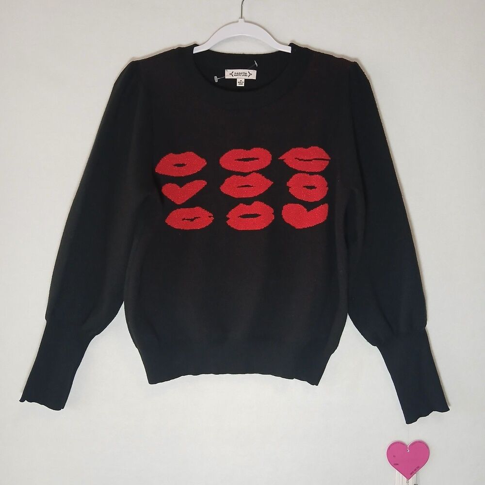 NEW $78 Nanette Lepore Hot Lips Sweater Black Red Hearts Valentines Medium #1183
